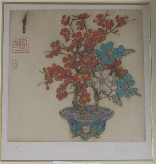 Elyse Ashe Lord (1970-1971), etching and aquatint, flowering bonsai in a decorative planter, 23 x 22cm